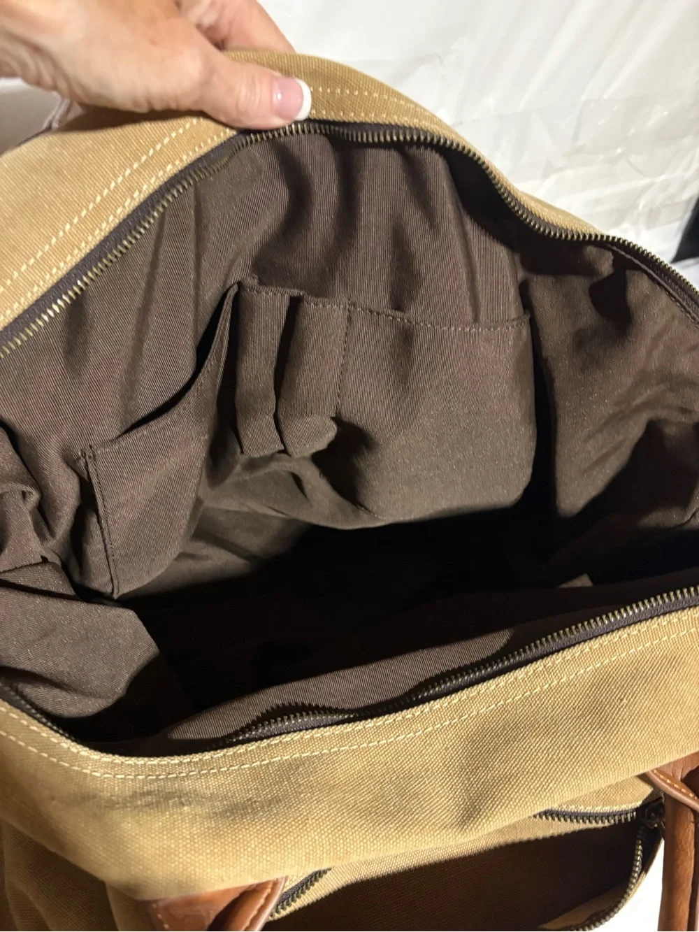 New shows Canvas Duffel Travel Bag in Tan with Brown Trim